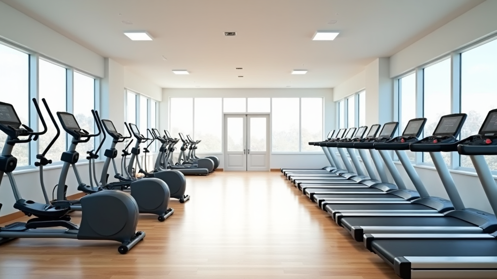 Elliptical machine and treadmill side by side in a bright well-equipped gym