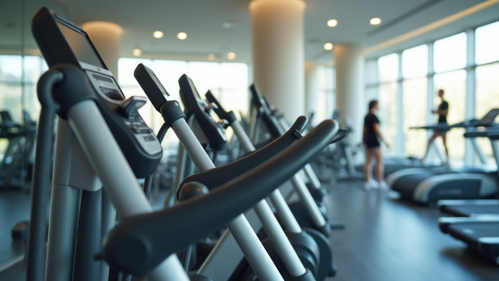Elliptical machine close-up in a bright gym environment